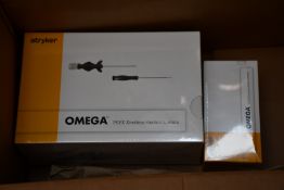 An as new Stryker Omega 4.75mm PEEK knotless anchor system (Box of 5, Use by 2023-08-06) and Stryker