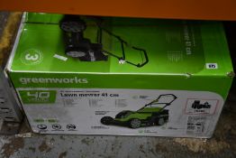 A Greenworks G40LM41 40 Volt Battery Powered Lawnmower.
