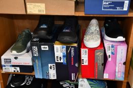 Five pairs of assorted as new Skechers footwear.