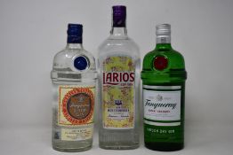 Three bottles of Larios Mediterranean gin (1ltr), a bottle of Tanqueray Export Strength gin (1ltr)