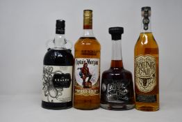 A bottle of Captain Morgan Original Spiced Gold rum (1ltr), a bottle of The Kraken Black Spiced