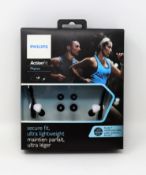 Twenty boxed as new Philips ActionFit Phyton Wired Sport Headphones in Black/White (P/N: SHQ4300WS/