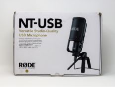 A boxed as new Rode NT-USB USB Condenser Microphone (Box sealed, some damage to box).