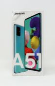 A boxed as new Samsung Galaxy A51 SM-A515F/DSN 128GB in Prism Crush Blue (Box sealed, some damage to