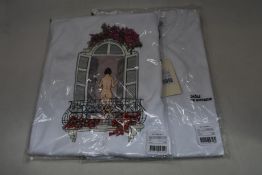 Two as new Drole De Monsieur Balcony Graphic T-shirts in white (S, L).