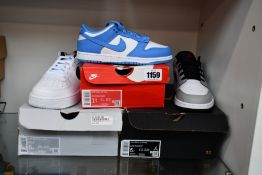 Three pairs of youths as new Nike trainers; Dunk Low (UK 1), Air Force 1 '07 (UK 4.5) and Air Jordan