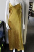 An as new Galvan London satin V neck midi slip in mustard (Size 38).