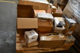 A pallet of assorted Legrand tools and equipment to include shelving brackets, fused connection