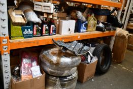 Miscellaneous auto parts/accessories and related to include wheels, Motul oils and a bike rack.