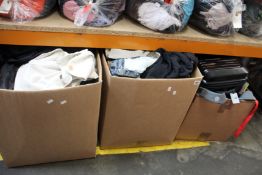 Two boxes of pre-owned clothing and related items and a small quantity of pre-owned bags/holdalls/