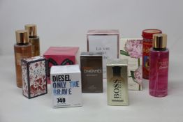 Three Victoria Secrets fragrance mist (250ml), a Versace Red Jeans Woman eau de toilette (75ml), a