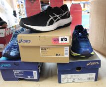 Three pairs of men's as new Asics trainers; Gel-Nimbus 19 (EU 42), Gel-Noostra Tri 11 (UK 8) and