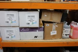 A quantity of cleaning products to include hand disinfectant, C-fold hand towels and other related