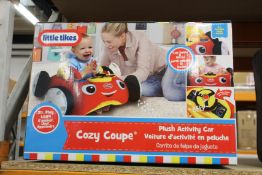 Three boxed as new Little Tikes cozy couple plush activity cars.