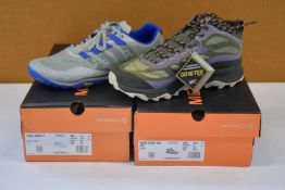 Two pairs of as new Merrell footwear; women's Moab Speed Mid (UK 8) and men's Trail Glove 5 (UK 10.