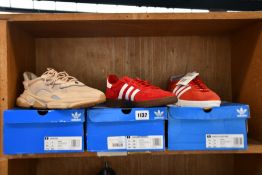Three pairs of as new Adidas trainers; Ozweego (UK 9), Handball Spezial (UK 10.5) and Gazelle
