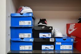Six pairs of children's/juniors as new Adidas trainers; three pairs of Superstar (2 x UK 4.5, 1 x UK