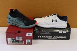 A pair of as new Under Armour Hovr Phantom RN (UK 7.5) and Draw Sport SL E golf shoes (UK 9).