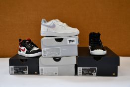 Four pairs of children's as new Nike trainers; Jordan 11 Retro (UK 11K), Jordan Mid 1 ALT (UK 5.