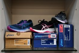 Three pairs of women's as new Asics trainers; Gel-Nimbus 23 (UK 5), Gel-Excite 7 (UK 4) and Gel-