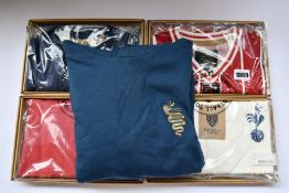 Four assorted Football Town retro football shirts together with a hoodie.