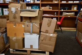 A pallet of assorted Legrand tools and equipment to include two-way switches, switch frames, TV