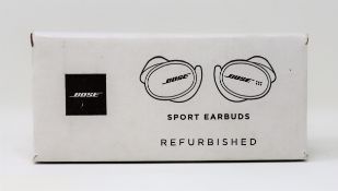 A refurbished pair of Bose Sport Earbuds with Charging Case in Glacier White (Box sealed).