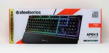 A boxed as new SteelSeries Apex 3 RGB Membrane Gaming Keyboard (US English layout).