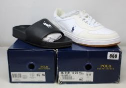 A pair of as new Ralph Lauren Cayson slides and a pair of Polo CRT sneakers (Both EU 45/UK 11).