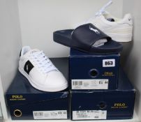Two pairs of as new Ralph Lauren sneakers (EU 42, 43) and a pair of Cayson slides (EU 44).