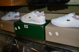 Three pairs of as new Lacoste footwear; Lerond (UK 4), Straightset (UK 3) and Twin Serve (UK 5).