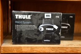 Two boxed as new Thule 775 rapid system universal roof rack foot for pre-installed railings.
