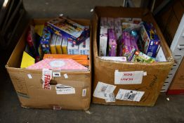 Two boxes of as new toys and games to include Lego, Hot wheels, trivia games.