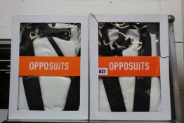 Two as new Opposuits Pearly White tuxedo suits (UK 46, 48).