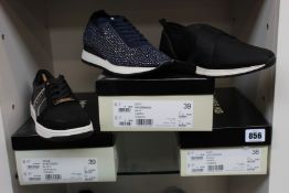 Three pairs of as new Miss KG Kurt Geiger sneakers (1 x EU 38, 2 x EU 39).