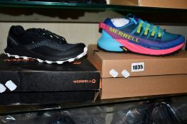 Two pairs of women's as new Merrell trainers; Skyrocket GTX (UK 4) and Agility Peak 4 (UK 6.5).