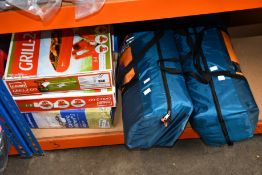 Two pre-owned four person dome tents, two Calor grill-2-go bbq and a Campingaz camping kitchen 2 (