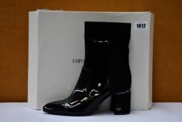 A pair of as new Emporio Armani Stivaletto boots in black patent/suede (UK 9).