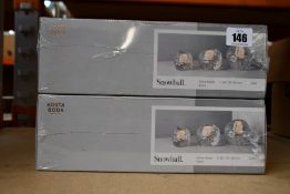 Two boxed as new Kosta Boda Snowball votive holder sets (3 pcs H 60/70/90mm).