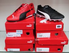 Three pairs of as new Puma Monarch FG football boots (UK 6.5, 12, 13) and a pair of Puma SFD R-Cat