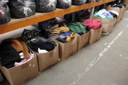 Nine boxes of pre-owned clothing and related items.