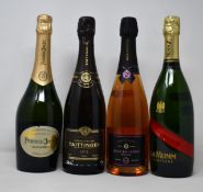 Five bottles of champagne; Perrier Jout Grand Brut, Taittinger 2015, Jean Boucton Reserve Rose and