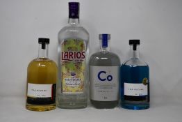 Assorted gins; The Wizard Blue (500ml), The Wizard Gold (500ml), Larios Gin Mediterranea (1ltr),