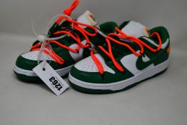 A pair of as new Off White x Nike Dunk Low 'Pine Green' (UK 4 - No box).
