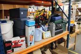 A quantity of as new tools to include axes, saws, power tools, tool boxes and a work bench.