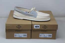 Two pairs of as new Sperry A/O two eye natural tan boat shoes (UK 8).