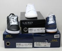 Three pairs of as new Ralph Lauren footwear; Joana sneakers (UK 5), Polo Court sneakers (UK 7) and