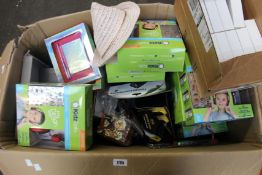 A box of miscellaneous items to include KidzSafe headphones, wind-up torches, ink gel pens,