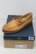 A pair of as new Sperry Gold Cup A/O two-eye boat shoes in tan (UK 11).