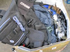 A quantity of pre-owned fishing/diving accessories and clothing to include a Cressi Aquapro 5R BCD.
